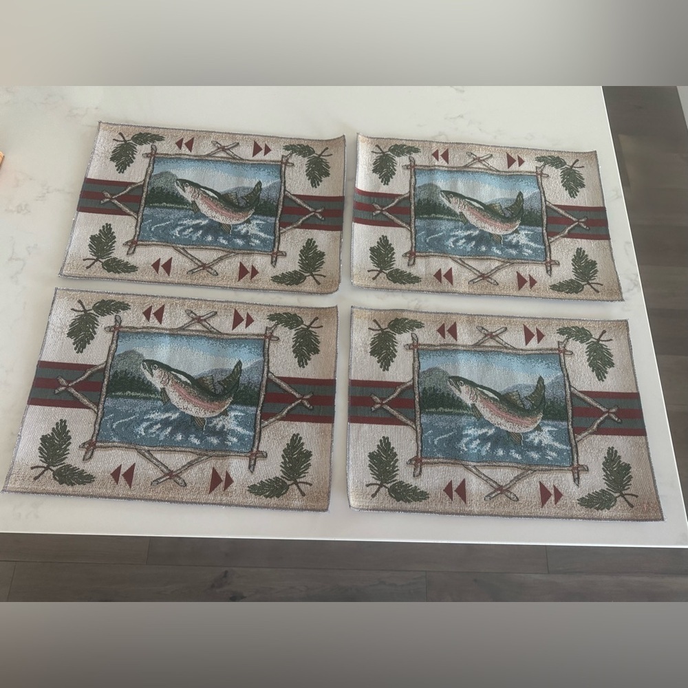 Set of 4 Rustic Trout Lodge Woven Placemats Cabin Fishing Decor